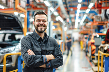 Obraz premium Confident Engineer in Automotive Factory with Car Production Line in Background