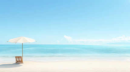 Fototapeta premium A beach scene with a white umbrella and a chair on the sand