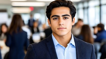 A confident young Hispanic male professional stands in a modern office filled with busy colleagues, wearing a navy suit and blue shirt, exuding determination.