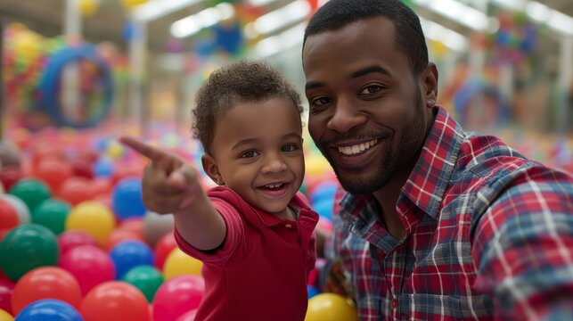 joyful moment of a black dad taking a selfie with his son in the ball pit at an indoor play center, surrounded by colorful balls and playground equipment, capturing the essence of family fun time - Powered by Adobe