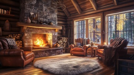 Obraz premium Cozy Log Cabin Interior with Fireplace, Leather Armchairs, and Autumn Forest View