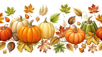 Naklejka premium Horizontal seamless background with pumpkins and autumn leaves on a white background. Horizontal seamless background with pumpkins and autumn leaves.