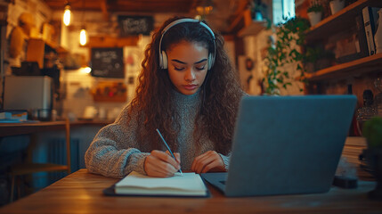 A young woman is deeply focused on her studies, sitting at a kitchen table while listening to an online lecture through earphones. Her notebook is open, and she is writing notes with a serious express