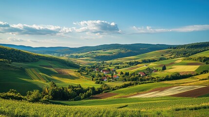 Obraz premium Picturesque Village Nestled in Rolling Green Hills and Farmland Under Blue Sky
