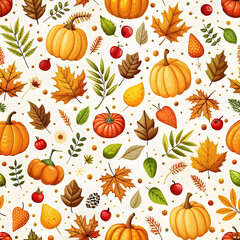Colorful autumn natural seamless pattern with fall leaves, fruits, pumpkins, and leafs. Seamless autumn background
