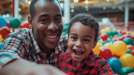 black dad captures a joyful selfie with his son in the colorful ball pit at an indoor play center, highlighting their happy moment as they share laughter and smiles together