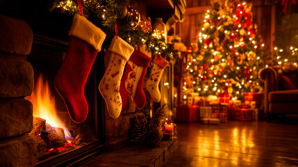 Christmas stockings hanging over a warm fireplace next to a brightly lit Christmas tree, evoking the coziness and tradition of a family holiday celebration