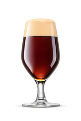 Dark amber beer is served in a glass with a thick creamy foam head isolated. Transparent PNG image.