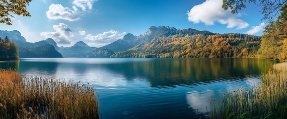 Tranquil lake surrounded by vibrant autumn foliage and mountains under a clear blue sky.