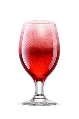 Glass of red beer with cap of overflowing foam isolated. Transparent PNG image.