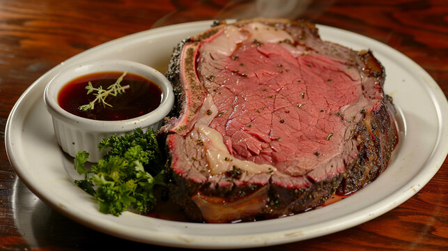 A thick slice of prime rib, with a pink, juicy center and a crust of savory herbs, accompanied by a side of au jus