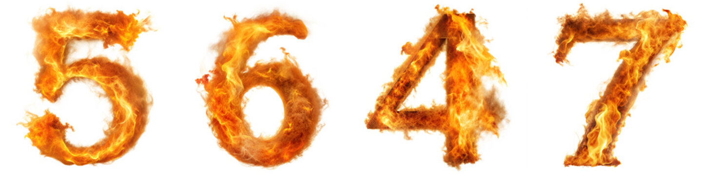 Fiery numbers 5, 6, 4, 7 ablaze with realistic flames on a transparent background for dynamic design and creative projects