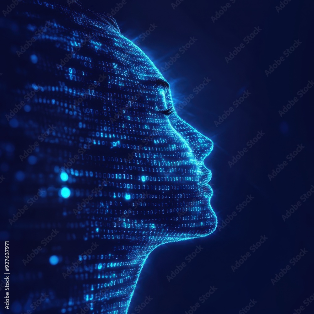 Wall mural an abstract glowing digital profile against a deep blue background, with binary code running vertica