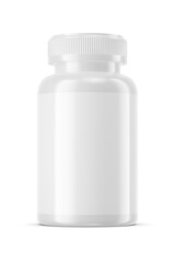White bottle with screw-on lid for medical pills isolated. 3D rendering illustration. Transparent PNG image.