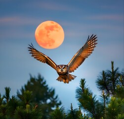 Obraz premium Nature shot of an owl flying with its wings open, in the sky surrounded by green trees; take 