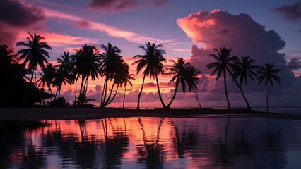 Tropical Paradise with Silhouetted Palm Trees, Vibrant Sunset, and Serene Ocean Reflection at Twilight