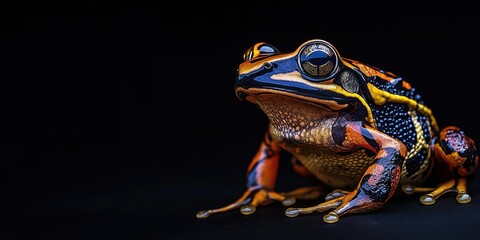 Photo of a colourful frog isolated against a black background, emphasising the frog's majestic features. Wildlife and conservation concept, space for copy.