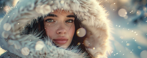 a banner with a beautiful girl in a faux fur coat with a hood, snowflakes falling around, the concept of fashion, outerwear and winter
