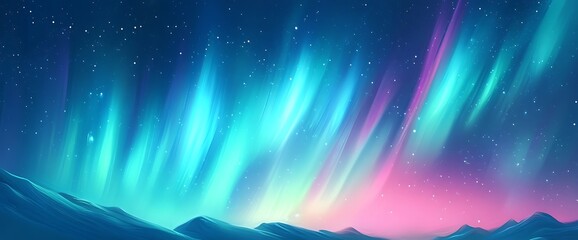 Vibrant green and pink aurora borealis over hills at night.