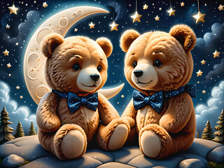 Hyper-Realistic 3D Artwork: Classic Engraving Style - Teddy Bears Admire Starry Night Sky