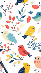 Fototapeta premium Cute bird pattern with colorful birds and leaves on branches, ideal for nature-inspired designs with a light and cheerful atmosphere.