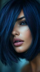a close-up of a model with a bob-cut and smoky blue hair