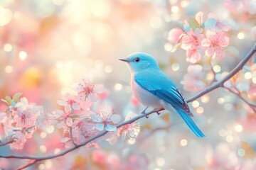 Obraz premium Single blue bird on a branch with pink flowers. Nature background, illustration with copy space