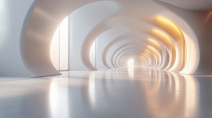 Obraz premium Empty white corridor with archways and bright light at the end.