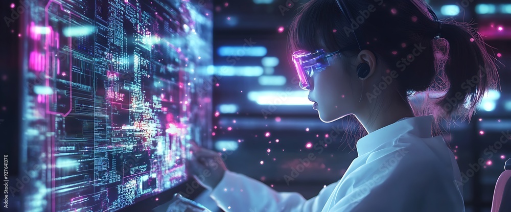 Wall mural woman in futuristic glasses working on a computer with glowing lines of code.