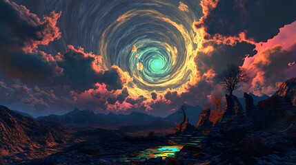 Fototapeta premium A swirling vortex of clouds over a rocky landscape with a single tree.