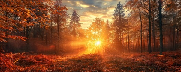 Sun setting over an autumn forest