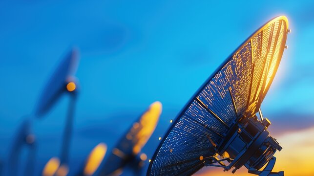 Satcom systems with dish antennas, transmitting data to orbit, 3D illustration