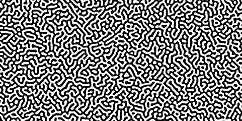 Abstract Turing organic wallpaper with background. Turing reaction diffusion monochrome seamless pattern with chaotic motion. Natural seamless line pattern. Linear design with biological shapes.