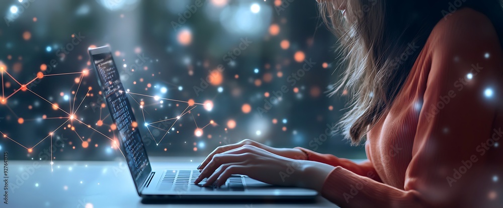 Wall mural woman working on a laptop with abstract network connection, coding, and blurred background.
