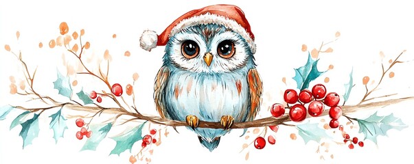 Obraz premium A charming owl wearing a Santa hat, perched on a branch with festive holly and berries, perfect for holiday celebrations.
