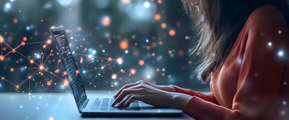 Woman working on a laptop with abstract network connection, coding, and blurred background.