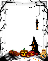 A small orange pumpkin jack-o-lantern with a smiling face, surrounded by black bats against a plain white background