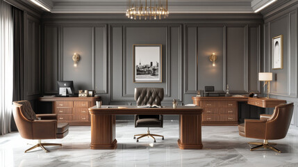 Fototapeta premium A modern shared office space with classic furniture, gray walls, and marble floors. It has wooden desks and chairs. --ar 16:9 --v 6.1 Job ID: 328e75b2-f7df-46f6-a5de-f9f5a68b67f1