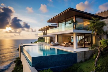 Fototapeta premium Luxurious cliffside villas with infinity pools overlooking the ocean in tropical paradise settings.