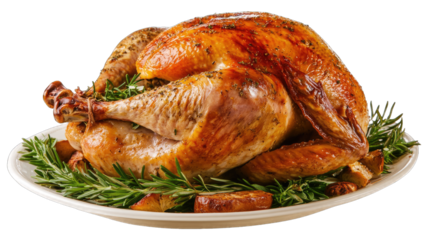 A roasted turkey served on a platter with herbs and vegetables. isolated on white background isolated on white background. transparent background