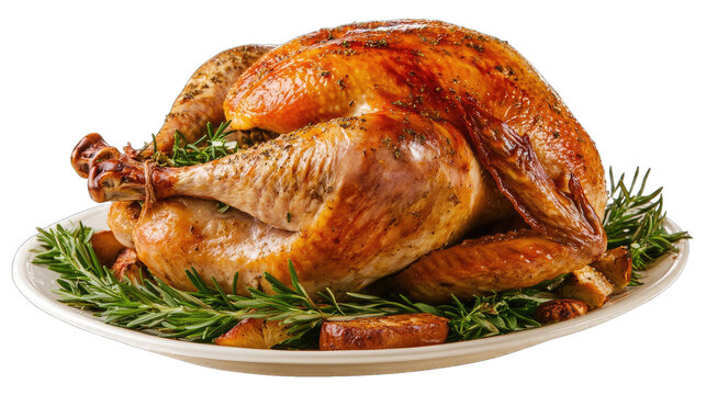 A roasted turkey served on a platter with herbs and vegetables. isolated on white background isolated on white background. transparent background