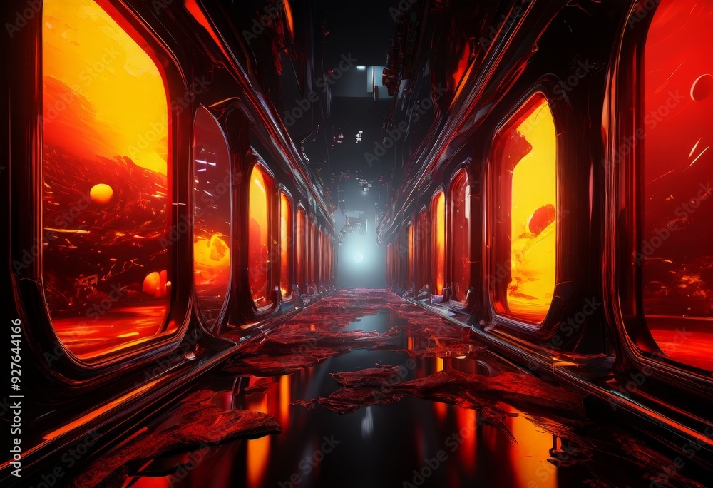 Poster futuristic corridor with red lights and dark