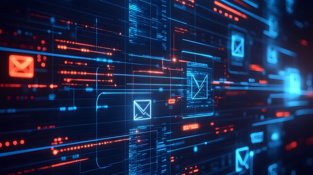 digital dashboard showcasing a stream of emails being sent and tracked in real-time, representing the concept of database-driven email marketing