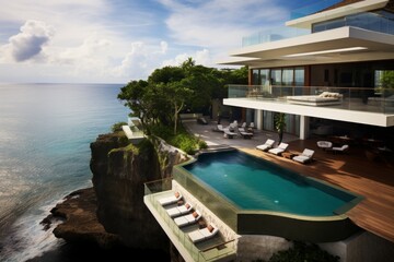 Fototapeta premium Luxurious cliffside villas with infinity pools overlooking the ocean in tropical paradise settings.