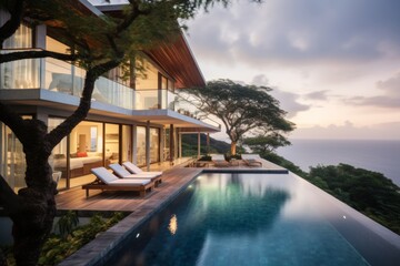 Fototapeta premium Luxurious cliffside villas with infinity pools overlooking the ocean in tropical paradise settings.