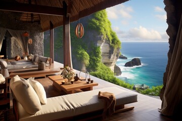 Obraz premium Luxurious cliffside villas with infinity pools overlooking the ocean in tropical paradise settings.