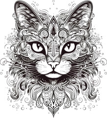Cat head vector art mandala black and white.