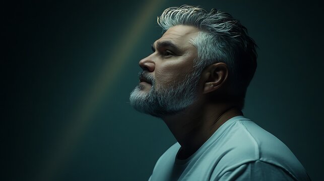A contemplative middle-aged Caucasian man with a graying beard gazes upwards, illuminated by soft light, creating a serene and reflective mood.