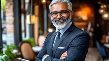 Obraz premium Confident South Asian man in a suit smiles warmly in a modern restaurant, showcasing his stylish appearance and charm.