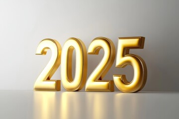 Golden numbers 2025 on a white table with Christmas trees and bokeh lights. Happy New Year 2025 is coming concept.. design for the new year
